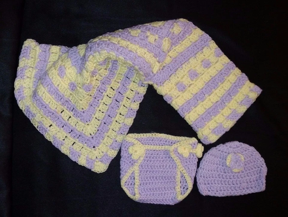 Nuevo Suave Bebé Prematuro Moisés Manta Sombrero Pañal Cubierta Set Hecho a Mano Ganchillo Foto 4 de 4