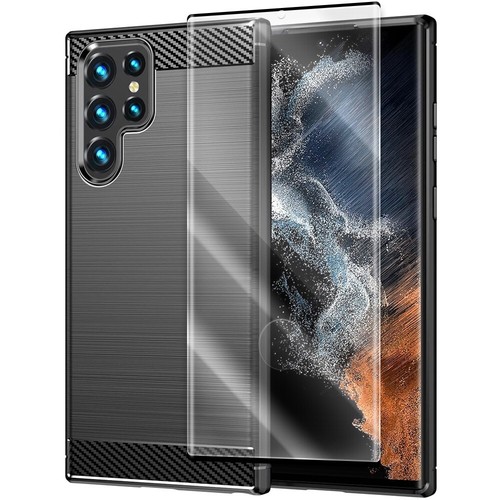 2in1 HD Screen Protector Back Carbon Fiber Case f Samsung Galaxy S22 Ultra S908U - 第 1/1 張圖片