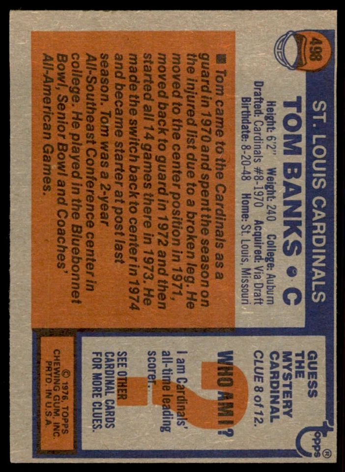 1976 Topps Tom Banks Rookie Football Card St. Louis Cardinals #498 - Image 2 of 2