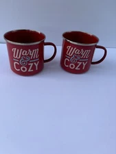 Harry and David Set two red enamel holiday Christmas mugs Warm & Cozy-Camping to