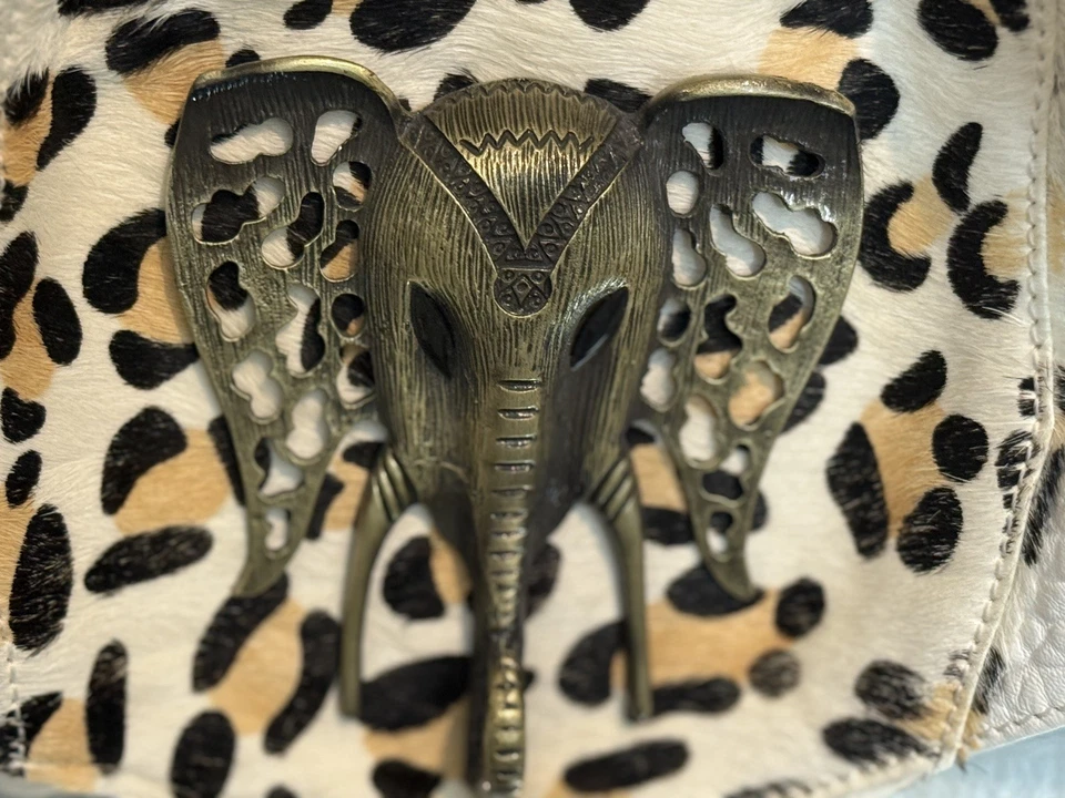 🐘Sharif Safari Elephant Head Haircalf & Pebbled Leather Hobo Tote White RARE - Image 3 of 4