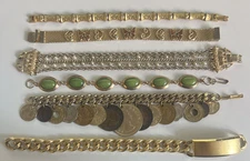 Vintage Lot of 6 Bracelets 1950 Foreign Coins- Mesh-Butterfly- Champion ID-Pearl