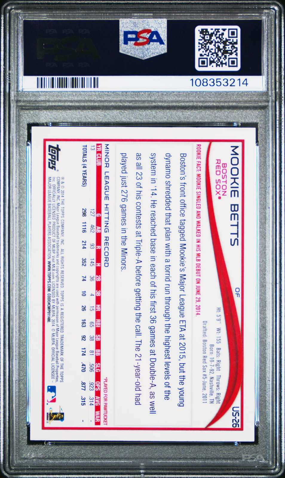 2014 Topps Update Mookie Betts #US26 Batting Blue W M Border PSA 9 view 2