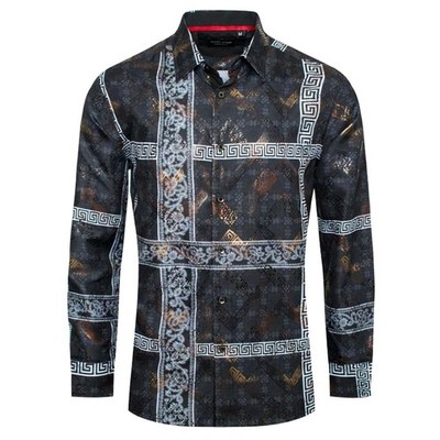 Italian Stripe Shirt Floral Prints Gold Overlay Stretch Mens Slim Fit Button Up