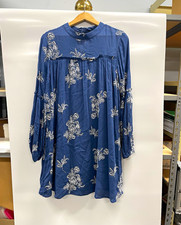 Lulus Blue White Floral Embroidered Lined Shift Dress Balloon Sleeve Sz S