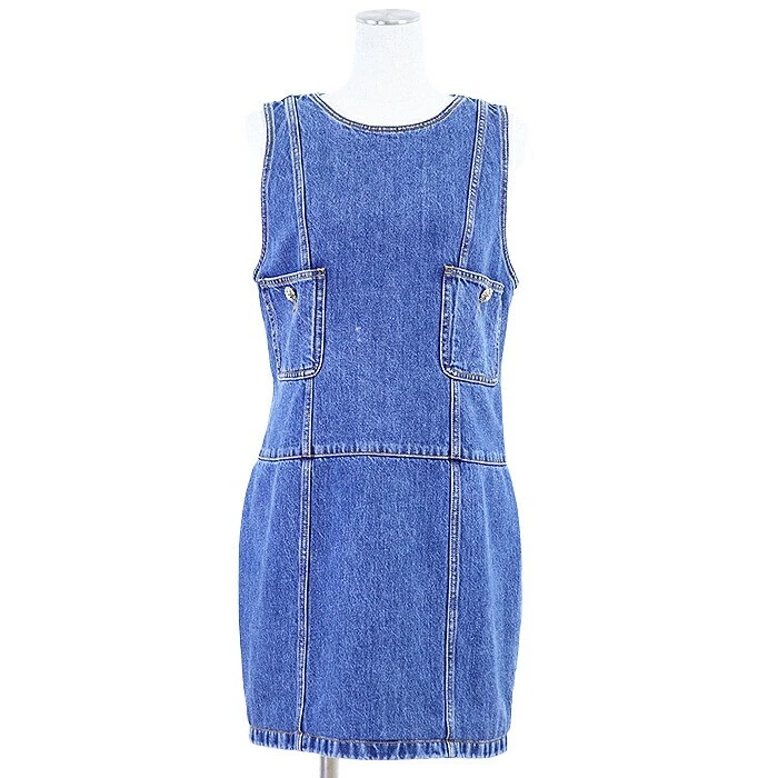 Abito smanicato Chanel denim P73760 indaco logo strass us 40