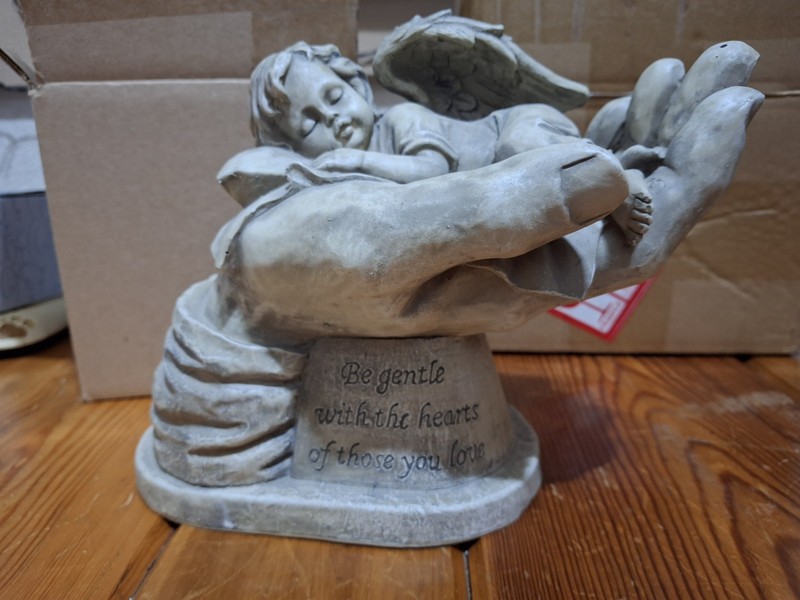 Gray Angel in Hands Figurine w/ Quote, 7in H x 6in L, Free Standing