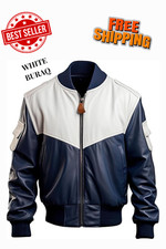 Men's Navy White Bomber Jacket – Real Sheepskin Leather Slim Fit Baseball Style
