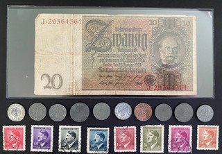 WWII Era Third Reich Nazi Germany 20 Reichsmark Banknote Coins & Stamps