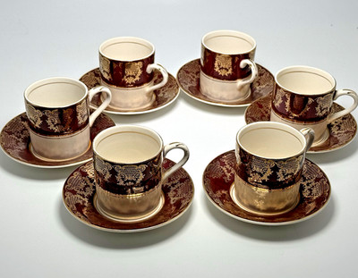 Tassen und Untertassen Set für 6 Midwinter Burslem Demitasse Kaffeetassen Burgund Gold