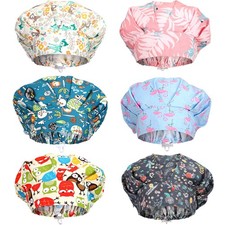 6Pc Bouffant Caps with Buttons Elastic Turban Nursing Surgical Scrub Hats Animal