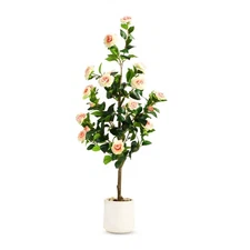 4FT Artificial Camellia Tree with White Planter & Pebbles,Faux Flower Tree wi...