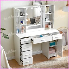 Large Vanity Desk Dressing Table w/ LED Lighted Mirror and 6 Drawers Makeup Desk