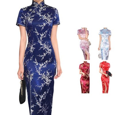 Chinesisches Druck Cheongsam Kleid für Frauen traditionell lang schmal Schlitz