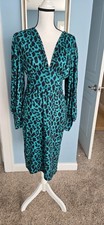 SHEIN EMERALD GREEN Black Leopard Print Long Sleeve Bodycon V-Neck Midi Dress L