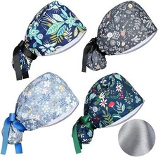 4 Pcs Satin Lined Scrub Caps Women Adjustable Nurse Surgical Hat with Buttons...