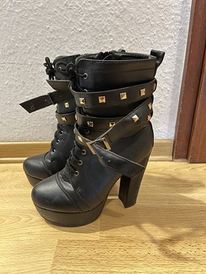 High Heels Stiefel Riemen, 38, Schwarz Nieten Goth Rave Festival Wie Neu Rock