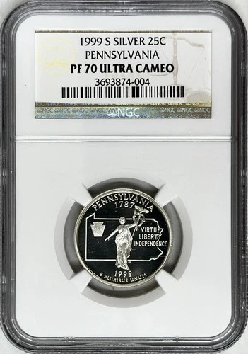 1999 S PROOF PENNSYLVANIA SILVER QUARTER NGC PR70 ULTRA CAMEO