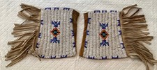 Vintage Native American Hand Beaded Cuffs with Hide Fringe