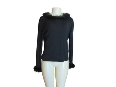 Vintage Cache Black Silk Blend Blouse With Faux Fur Collar & Cuffs Size M