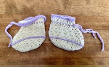 Pair of VTG 60  s Knit or Crochet Yarn Baby Booties W/Ties, Yellow  Lavender
