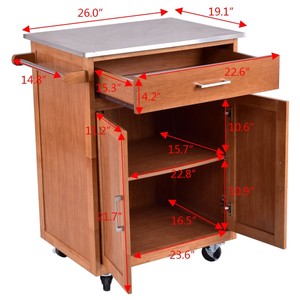 Wooden Kitchen Island Trolley Cart Stainless Steel Top Rolling