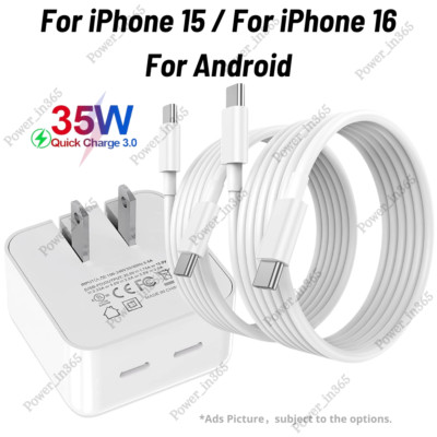 For iPhone 15 16 Pro Max Plus Samsung 35W Dual USB-C Fast Charger PD Type-C Cord