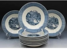 Set of 10 Currier and Ives Rimmed Soup Bowls Imperial Blue Early Winter 8 1/2"