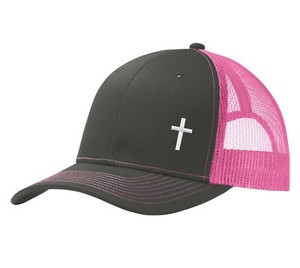 Christian Cross Trucker Hat Snapback Comfort Mesh Baseball Cap (Charcoal/Pink)