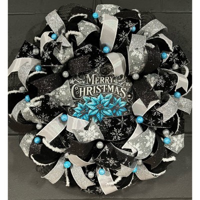 Christmas Wreath For Front Door Black and Turquoise Blue 22 Inch Deco mesh 