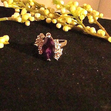 Marquise Amethyst  White Topaz Silver Overlay Women's Ring Size 6  297 NEW