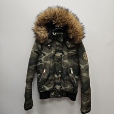 Holland Cooper Cortina Puffer Down Green Camo Jacket Coat Fur Hooded Size Xs