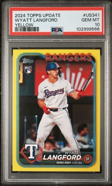 💎2024 Topps Update Yellow ~3700 #US341 Wyatt Langford RC Texas Rangers PSA 10💎
