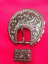 Leather Hardware - LOT Of 6 Engraved Buckle Sets  With Crystals-  3/4"