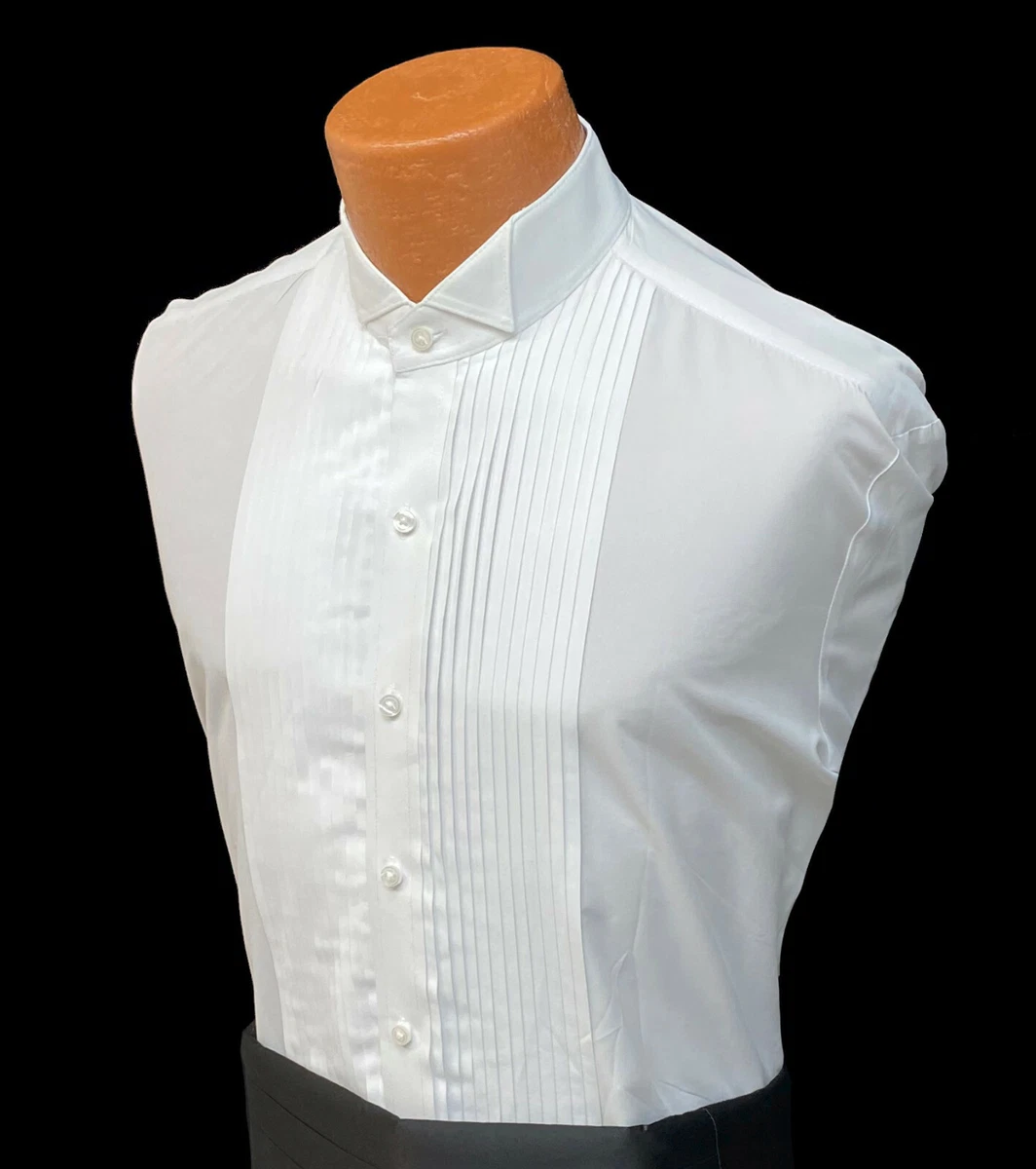 Men s Fitted White Tuxedo Shirt Slim Formal Wing Collar 1 4 Inch Pleated Front