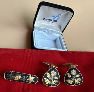 Authentic 24k Gold Plated Cloisonne Birds & Flowers Cufflinks & Tie cCasp/Tie Bar Set