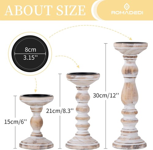 Pillar Candle Holders: Set of 3 decorative wood candle holders, 6“, 8.3”, 12” - Picture 5 of 8