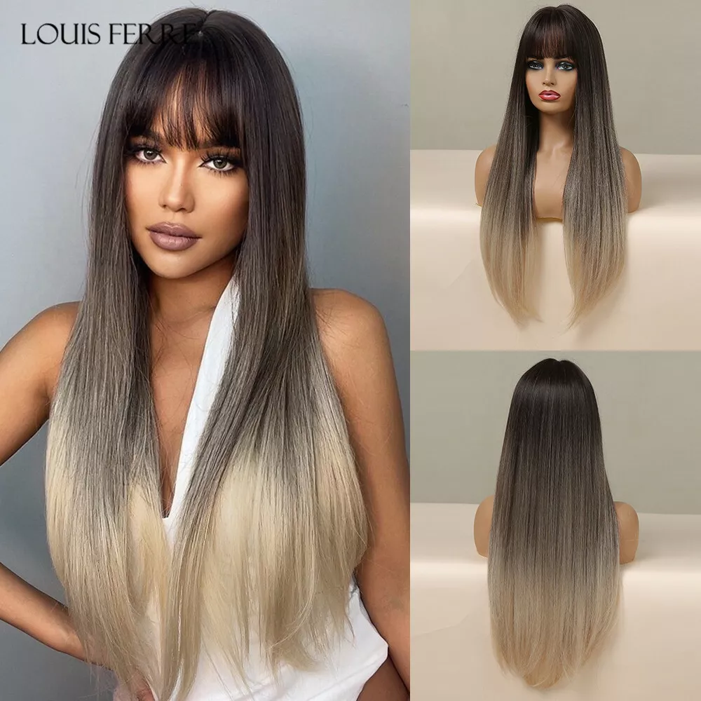 Ombre Ash Brown Blonde Wig Long Straight Synthetic Hair Wigs With Bangs 28  Inch