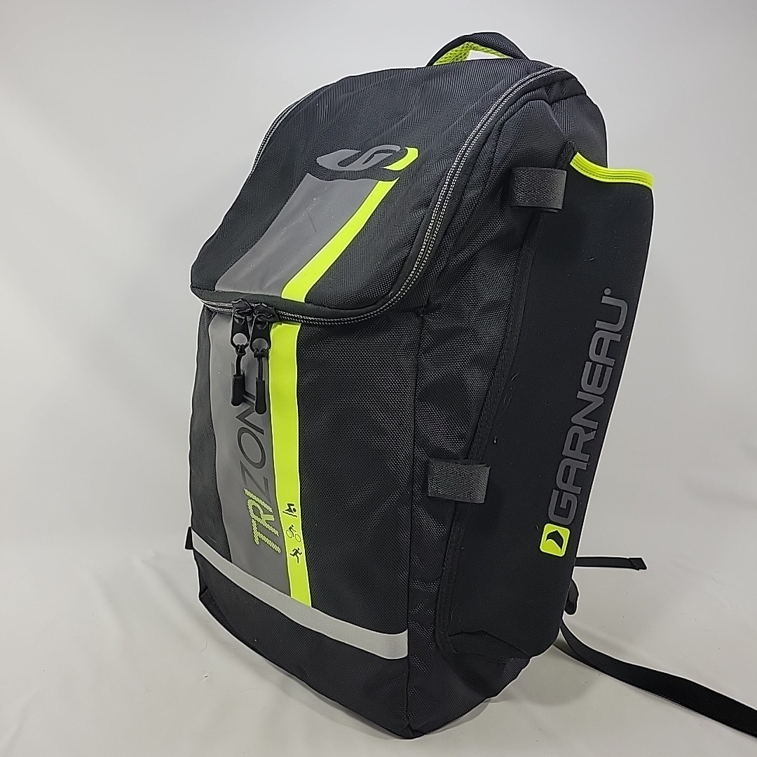 Garneau Black With Grey & Lime Trim TRIZONE 30L Backpack w/ Helmet and Wet Bags
