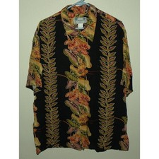 Vtg Kamehameha Men  s XL Hawaiian Button Shirt Black Floral Loop Collar K-10 USA