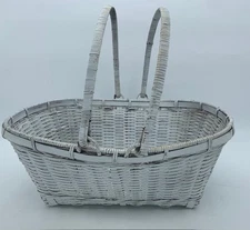 Vintage White Woven Wicker Basket Gathering Herb Flower Double Swing Handle