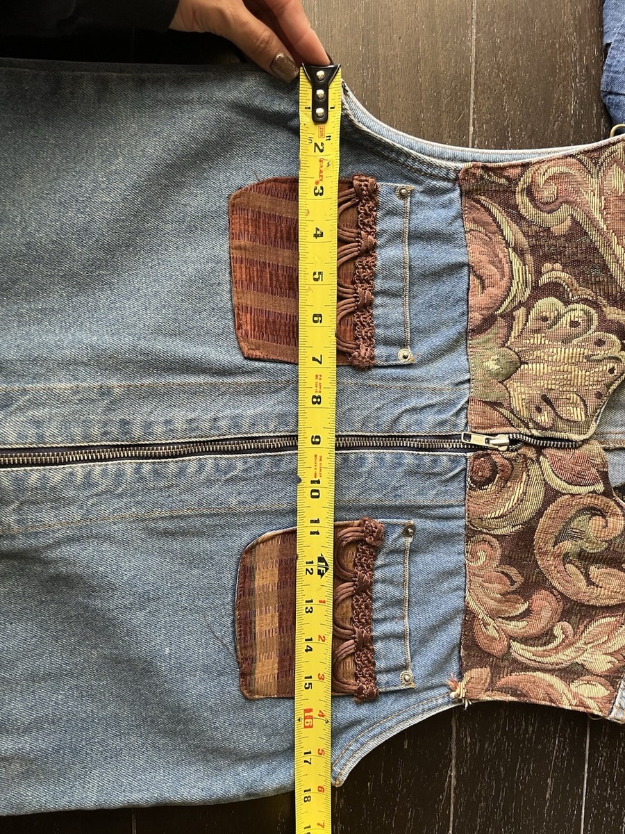 Vintage Faded Glory Denim Vest With Lace Trim, Zipper, Pockets