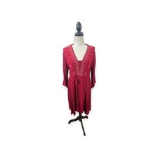 Indigo Soul Tunic Dress Womens Large Red Embroidered Boho V-Neck Crinkle L