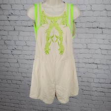 Rocco Lola Beige Green Embroidered Sleeveless Romper USA Made Size Large L