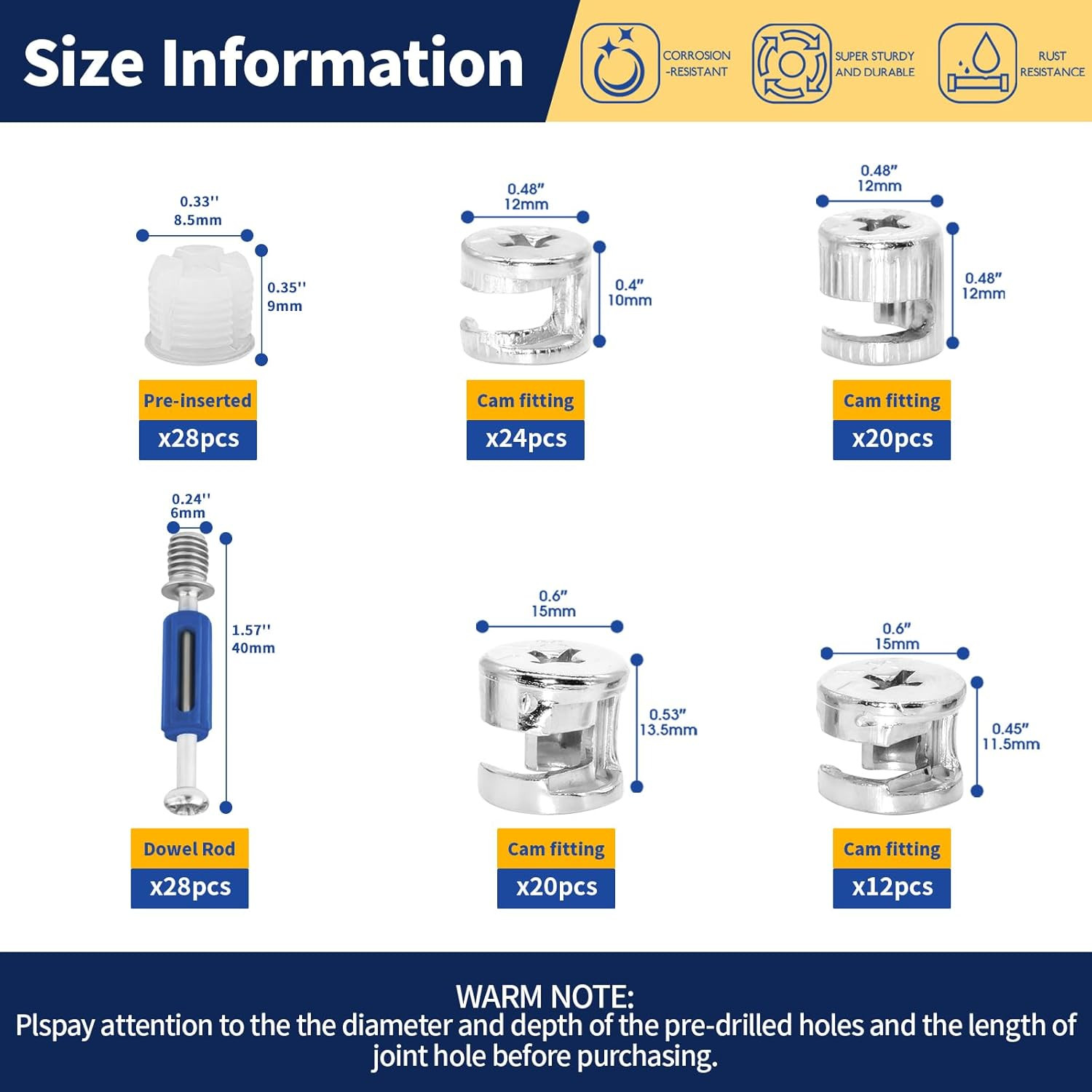 132Pcs Eccentric Wheels Cam Locks Fittings, 3 in 1 Furniture Connecting Bolt ...