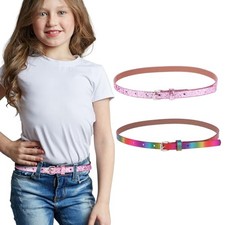 2 Pack Thin Belt for Girls, Girl's Glitter Belt Cute Shiny PU Rainbow pink