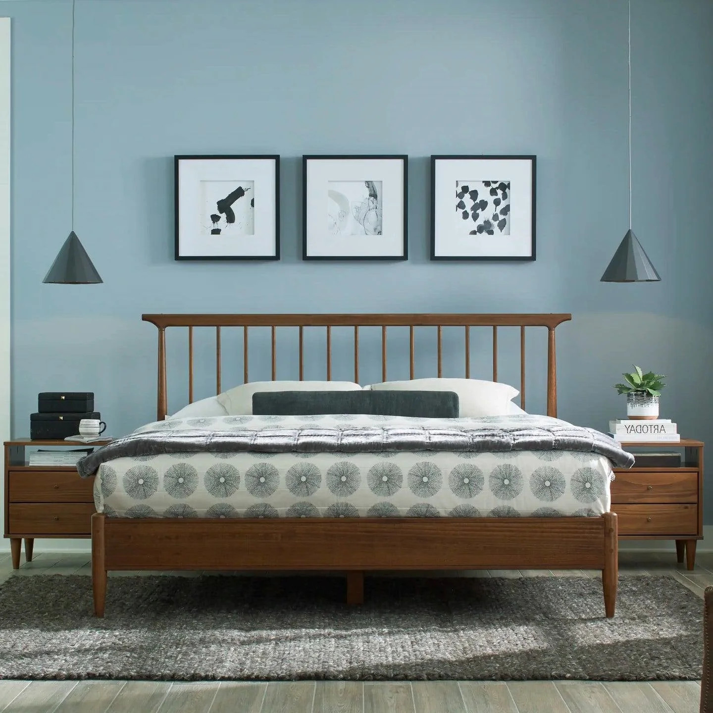 Queen Size Walnut Mid Century Platform Bed With Headboard