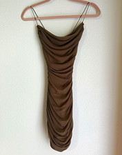 Windsor Brown Ruched Cowl Neck Spaghetti Strap Bodycon Mini Dress Size XS