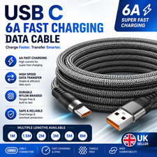 USB Type-C 6A Super Fast Charging Cable 1m 2m 3m 5m 8m Huawei Xiaomi OnePlus UK