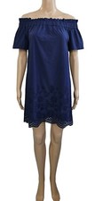 VINEYARD VINES Navy Blue Off The Shoulder Eyelet Cotton Mini Dress XS $138